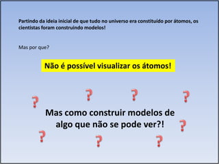Partindo da ideia inicial de que tudo no universo era constituído por átomos, os
cientistas foram construindo modelos!


Mas por que?


           Não é possível visualizar os átomos!




           Mas como construir modelos de
            algo que não se pode ver?!
 