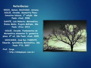 Referências:
•IEZZI, Gelson; MACHADO, Antonio;
DOLCE, Osvaldo. Geometria Plana-
Conceitos básicos. 1ª edição. São
Paulo: Atual, 2008.
• DANTE, Luiz Roberto. Matemática.
Ensino Médio. Projeto Múltiplo. São
Paulo: Ática: 2014.
• DOLCE, Osvaldo. Fundamentos de
Matemática elementar 9: geometria
plana. 8ª ed. São Paulo: Atual, 2005.
• GIOVANNI, José Rui; PARENTE,
Eduardo. Aprendendo Matemática. São
Paulo: FTD, 2007
•Prof. Jorge.
< http://slideplayer.com.br>
 