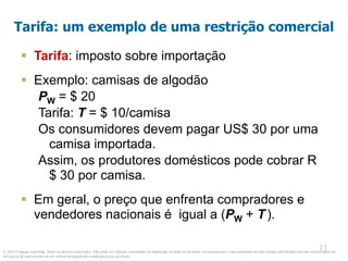 © 2013 Cengage Learning. Todos os direitos reservados. Não pode ser copiado, escaneado, ou duplicado, no todo ou em parte, exceto para uso como permitido em uma licença distribuída com um certo produto ou
serviço ou de outra forma em um website protegido por senha para uso em classe.
13
13
Tarifa: um exemplo de uma restrição comercial
 Tarifa: imposto sobre importação
 Exemplo: camisas de algodão
PW = $ 20
Tarifa: T = $ 10/camisa
Os consumidores devem pagar US$ 30 por uma
camisa importada.
Assim, os produtores domésticos pode cobrar R
$ 30 por camisa.
 Em geral, o preço que enfrenta compradores e
vendedores nacionais é igual a (PW + T).
 