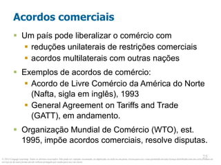 © 2013 Cengage Learning. Todos os direitos reservados. Não pode ser copiado, escaneado, ou duplicado, no todo ou em parte, exceto para uso como permitido em uma licença distribuída com um certo produto ou
serviço ou de outra forma em um website protegido por senha para uso em classe.
25
25
Acordos comerciais
 Um país pode liberalizar o comércio com
 reduções unilaterais de restrições comerciais
 acordos multilaterais com outras nações
 Exemplos de acordos de comércio:
 Acordo de Livre Comércio da América do Norte
(Nafta, sigla em inglês), 1993
 General Agreement on Tariffs and Trade
(GATT), em andamento.
 Organização Mundial de Comércio (WTO), est.
1995, impõe acordos comerciais, resolve disputas.
 
