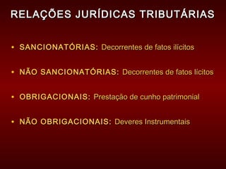 RELAÇÕES JURÍDICAS TRIBUTÁRIASRELAÇÕES JURÍDICAS TRIBUTÁRIAS
• SANCIONATÓRIAS:SANCIONATÓRIAS: Decorrentes de fatos ilícitosDecorrentes de fatos ilícitos
• NÃO SANCIONATÓRIAS:NÃO SANCIONATÓRIAS: Decorrentes de fatos lícitosDecorrentes de fatos lícitos
• OBRIGACIONAIS:OBRIGACIONAIS: Prestação de cunho patrimonialPrestação de cunho patrimonial
• NÃO OBRIGACIONAIS:NÃO OBRIGACIONAIS: Deveres InstrumentaisDeveres Instrumentais
 