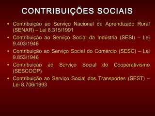 CONTRIBUIÇÕES SOCIAISCONTRIBUIÇÕES SOCIAIS
• Contribuição ao Serviço Nacional de Aprendizado RuralContribuição ao Serviço Nacional de Aprendizado Rural
(SENAR) – Lei 8.315/1991(SENAR) – Lei 8.315/1991
• Contribuição ao Serviço Social da Indústria (SESI) – LeiContribuição ao Serviço Social da Indústria (SESI) – Lei
9.403/19469.403/1946
• Contribuição ao Serviço Social do Comércio (SESC) – LeiContribuição ao Serviço Social do Comércio (SESC) – Lei
9.853/19469.853/1946
• Contribuição ao Serviço Social do CooperativismoContribuição ao Serviço Social do Cooperativismo
(SESCOOP)(SESCOOP)
• Contribuição ao Serviço Social dos Transportes (SEST) –Contribuição ao Serviço Social dos Transportes (SEST) –
Lei 8.706/1993Lei 8.706/1993
 