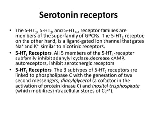Serotonin receptors
• The 5-HT1, 5-HT2, and 5-HT4-7 receptor families are
members of the superfamily of GPCRs. The 5-HT3 receptor,
on the other hand, is a ligand-gated ion channel that gates
Na+ and K+ similar to nicotinic receptors.
• 5-HT1 Receptors. All 5 members of the 5-HT1-receptor
subfamily inhibit adenylyl cyclase.decrease cAMP,
autoreceptors, inhibit serotonergic receptors
• 5-HT2 Receptors. The 3 subtypes of 5-HT2 receptors are
linked to phospholipase C with the generation of two
second messengers, diacylglycerol (a cofactor in the
activation of protein kinase C) and inositol trisphosphate
(which mobilizes intracellular stores of Ca2+).

 