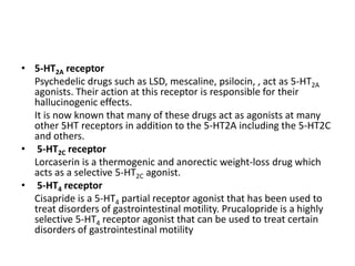 • 5-HT2A receptor
Psychedelic drugs such as LSD, mescaline, psilocin, , act as 5-HT2A
agonists. Their action at this receptor is responsible for their
hallucinogenic effects.
It is now known that many of these drugs act as agonists at many
other 5HT receptors in addition to the 5-HT2A including the 5-HT2C
and others.
• 5-HT2C receptor
Lorcaserin is a thermogenic and anorectic weight-loss drug which
acts as a selective 5-HT2C agonist.
• 5-HT4 receptor
Cisapride is a 5-HT4 partial receptor agonist that has been used to
treat disorders of gastrointestinal motility. Prucalopride is a highly
selective 5-HT4 receptor agonist that can be used to treat certain
disorders of gastrointestinal motility

 