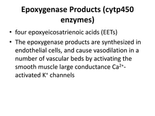 Epoxygenase Products (cytp450
enzymes)
• four epoxyeicosatrienoic acids (EETs)
• The epoxygenase products are synthesized in
endothelial cells, and cause vasodilation in a
number of vascular beds by activating the
smooth muscle large conductance Ca2+activated K+ channels

 