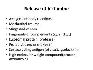 Release of histamine
•
•
•
•
•
•
•
•

Antigen-antibody reactions
Mechanical trauma.
Stings and venom.
Fragments of complements (c3a and c5a)
Lysosomal protein (protease)
Proteolytic enzyme(trypsin)
Surface acting antigen (bile salt, lysolecithin)
High molecular weight compound(dextran,
ovomucoid)

 