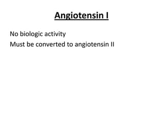 Angiotensin I
No biologic activity
Must be converted to angiotensin II

 