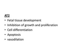 AT2
• Fetal tissue development
• Inhibition of growth and proliferation
• Cell differentiation
• Apoptosis
• vasodilation

 