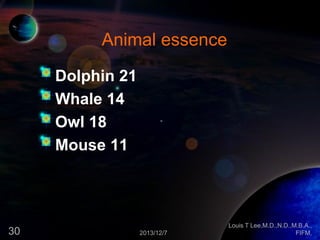 Animal essence
Dolphin 21
Whale 14
Owl 18
Mouse 11

30

2013/12/7

Louis T Lee,M.D.,N.D.,M.B.A.,
FIFM,

 