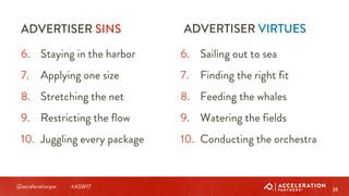 @accelerationpar #ASW17
ADVERTISER SINS
28
6. Staying in the harbor
7. Applying one size
8. Stretching the net
9. Restrict...
