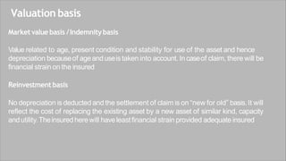 Valuation basis
Market value basis /Indemnitybasis
Value related to age, present condition and stability for use of the asset and hence
depreciation becauseof ageanduseistaken into account. Incaseof claim, there will be
financial strain on the insured
Reinvestment basis
No depreciation is deducted and the settlement of claim is on “new for old” basis.It will
reflect the cost of replacing the existing asset by a new asset of similar kind, capacity
andutility.Theinsured herewill haveleastfinancial strain provided adequate insured
 