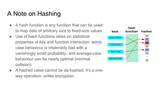 A Note on Hashing
● A hash function is any function that can be used
to map data of arbitrary size to fixed-size values
● Use of hash functions relies on statistical
properties of key and function interaction: worst-
case behaviour is intolerably bad with a
vanishingly small probability, and average-case
behaviour can be nearly optimal (minimal
collision).
● A hashed value cannot be de-hashed, it’s a one-
way operation, unlike encryption.
 