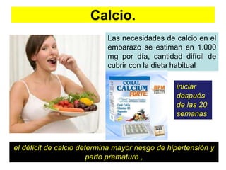 Calcio. 
Las necesidades de calcio en el 
embarazo se estiman en 1.000 
mg por día, cantidad difícil de 
cubrir con la dieta habitual 
el déficit de calcio determina mayor riesgo de hipertensión y 
parto prematuro , 
iniciar 
después 
de las 20 
semanas 
 
