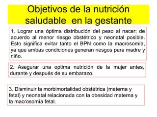 Objetivos de la nutrición 
saludable en la gestante 
1. Lograr una óptima distribución del peso al nacer; de 
acuerdo al menor riesgo obstétrico y neonatal posible. 
Esto significa evitar tanto el BPN como la macrosomía, 
ya que ambas condiciones generan riesgos para madre y 
niño. 
2. Asegurar una optima nutrición de la mujer antes, 
durante y después de su embarazo. 
3. Disminuir la morbimortalidad obstétrica (materna y 
fetal) y neonatal relacionada con la obesidad materna y 
la macrosomía fetal. 
 