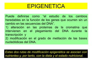 EPIGENETICA 
Puede definirse como “el estudio de los cambios 
heredables en la función de los genes que ocurren sin un 
cambio en las secuencias del DNA”. 
1) alteración en las proteínas de la cromatina que 
intervienen en el plegamiento del DNA durante la 
transcripción y 
2) modificación en el grado de metilación de las bases 
nucleótidicas del DNA. 
Estas dos rutas de modificación epigenética se asocian con 
nutrientes y, por tanto, con la dieta y el estado nutricional. 
 