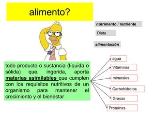 alimento? 
todo producto o sustancia (líquida o 
sólida) que, ingerida, aporta 
materias asimilables que cumplen 
con los requisitos nutritivos de un 
organismo para mantener el 
crecimiento y el bienestar 
nutrimento / nutriente 
Dieta 
alimentación 
agua 
Vitaminas 
minerales 
Carbohidratos 
Grasas 
Proteínas 
 