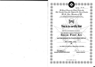 ARVIN CHAND FIRST AID CERTIFICATE