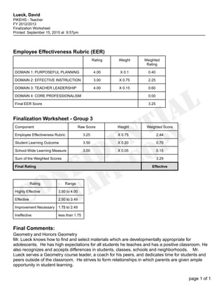 Employee Effectiveness Rubric (EER)
Rating Weight Weighted
Rating
DOMAIN 1: PURPOSEFUL PLANNING 4.00 X 0.1 0.40
DOMAIN 2: EFFECTIVE INSTRUCTION 3.00 X 0.75 2.25
DOMAIN 3: TEACHER LEADERSHIP 4.00 X 0.15 0.60
DOMAIN 4: CORE PROFESSIONALISM 0.00
Final EER Score 3.25
Finalization Worksheet - Group 3
Component Raw Score Weight Weighted Score
Employee Effectiveness Rubric 3.25 X 0.75 2.44
Student Learning Outcome 3.50 X 0.20 0.70
School-Wide Learning Measure 3.00 X 0.05 0.15
Sum of the Weighted Scores 3.29
Final Rating Effective
Rating Range
Highly Effective 3.50 to 4.00
Effective 2.50 to 3.49
Improvement Necessary 1.75 to 2.49
Ineffective less than 1.75
Final Comments:
Geometry and Honors Geometry
Mr. Lueck knows how to find and select materials which are developmentally appropriate for
adolescents. He has high expectations for all students he teaches and has a positive classroom. He
also recognizes and accepts differences in students, classes, schools and neighborhoods. Mr.
Lueck serves a Geometry course leader, a coach for his peers, and dedicates time for students and
peers outside of the classroom. He strives to form relationships in which parents are given ample
opportunity in student learning.
page 1 of 1
Lueck, David
PIKEHS - Teacher
FY 2012/2013
Finalization Worksheet
Printed: September 15, 2015 at 9:57pm
 