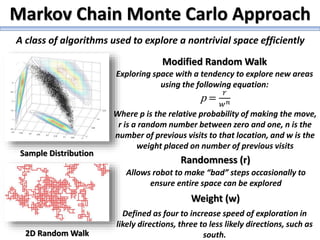 Markov Chain Monte Carlo Approach
Sample Distribution
A class of algorithms used to explore a nontrivial space efficiently
2D Random Walk
Modified Random Walk
Exploring space with a tendency to explore new areas
using the following equation:
p =
𝑟
𝑤 𝑛
Where p is the relative probability of making the move,
r is a random number between zero and one, n is the
number of previous visits to that location, and w is the
weight placed on number of previous visits
Randomness (r)
Allows robot to make “bad” steps occasionally to
ensure entire space can be explored
Weight (w)
Defined as four to increase speed of exploration in
likely directions, three to less likely directions, such as
south.
 
