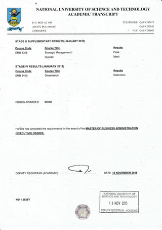 r=-;rc ' .
i"wit.'l
-6ffi1"- .'.;,/
,Ii&ebJ
t
F{ATIOIi{AL UNIVERSITY OF
ACADEMTC
P. (). ljox A(.939
Asf()T, iiUl-AwA'(j
zt,1uAtiwi:
SCIENCE AND TECHNOLOGY
TRANSCRIPT
TELEPHONET +263 9 285917
+263 9 282U2
* FAX; +263 9'286803
Course Code
EMB 5306
Course Code
EMB 5409
STAGE ilr SUPPLEMENTARY RESULTS (JANUARY 2013)
Course Title
Strategic Management I
Overall
STAGE rV RESULTS (JANUARY 2015)
Course Title
Dissertation
Results
Pass
Merit
Results
Distinction
DATE: 13 NOVEMBER 2015
PRIZES AWARDED: NONE
He/She has completed the requirements for the award of the
(EXECUTIVE)...DEGREE.
f***s-/*.
DEPUTY REGI STRAR (ACADEMIC):
s
N011 2838Y
zuAT{OtsALUff tvrffistTY CIF
,,qctrNe E Ail,rn rEe Hr"i*L0GY
1 3 N0V 2CIi5
DEPL}TY REG;STRA$q " AOAilgr./IIC
 