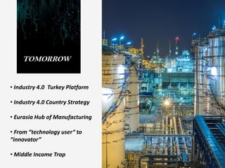 TOMORROW
• Industry 4.0 Turkey Platform
• Industry 4.0 Country Strategy
• Eurasia Hub of Manufacturing
• From “technology user“ to
“innovator”
• Middle Income Trap
 