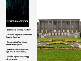 GOVERNMENTS
• Establish a Country Platform
• Workout, approve and launch
Country Strategy
• Review school curricula,
university programs
• Incentivize R&D programs,
high-tech manufacturing
• Provide a good technology
infrastructure Photograph Source : https://www.tbmm.gov.tr/develop/owa/tbmm_internet.anasayfa
 