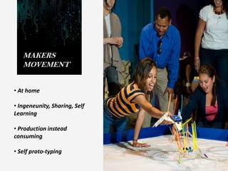 MAKERS
MOVEMENT
• At home
• Ingeneunity, Sharing, Self
Learning
• Production instead
consuming
• Self proto-typing
 