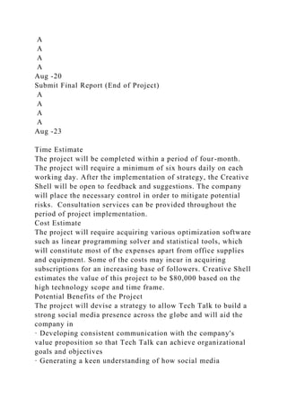 A
A
A
A
Aug -20
Submit Final Report (End of Project)
A
A
A
A
Aug -23
Time Estimate
The project will be completed within a period of four-month.
The project will require a minimum of six hours daily on each
working day. After the implementation of strategy, the Creative
Shell will be open to feedback and suggestions. The company
will place the necessary control in order to mitigate potential
risks. Consultation services can be provided throughout the
period of project implementation.
Cost Estimate
The project will require acquiring various optimization software
such as linear programming solver and statistical tools, which
will constitute most of the expenses apart from office supplies
and equipment. Some of the costs may incur in acquiring
subscriptions for an increasing base of followers. Creative Shell
estimates the value of this project to be $80,000 based on the
high technology scope and time frame.
Potential Benefits of the Project
The project will devise a strategy to allow Tech Talk to build a
strong social media presence across the globe and will aid the
company in
· Developing consistent communication with the company's
value proposition so that Tech Talk can achieve organizational
goals and objectives
· Generating a keen understanding of how social media
 