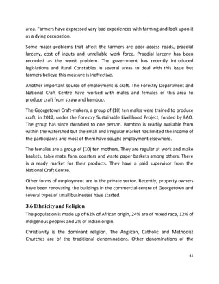 41
area. Farmers have expressed very bad experiences with farming and look upon it
as a dying occupation.
Some major problems that affect the farmers are poor access roads, praedial
larceny, cost of inputs and unreliable work force. Praedial larceny has been
recorded as the worst problem. The government has recently introduced
legislations and Rural Constables in several areas to deal with this issue but
farmers believe this measure is ineffective.
Another important source of employment is craft. The Forestry Department and
National Craft Centre have worked with males and females of this area to
produce craft from straw and bamboo.
The Georgetown Craft-makers, a group of (10) ten males were trained to produce
craft, in 2012, under the Forestry Sustainable Livelihood Project, funded by FAO.
The group has since dwindled to one person. Bamboo is readily available from
within the watershed but the small and irregular market has limited the income of
the participants and most of them have sought employment elsewhere.
The females are a group of (10) ten mothers. They are regular at work and make
baskets, table mats, fans, coasters and waste paper baskets among others. There
is a ready market for their products. They have a paid supervisor from the
National Craft Centre.
Other forms of employment are in the private sector. Recently, property owners
have been renovating the buildings in the commercial centre of Georgetown and
several types of small businesses have started.
3.6 Ethnicity and Religion
The population is made up of 62% of African origin, 24% are of mixed race, 12% of
indigenous peoples and 2% of Indian origin.
Christianity is the dominant religion. The Anglican, Catholic and Methodist
Churches are of the traditional denominations. Other denominations of the
 