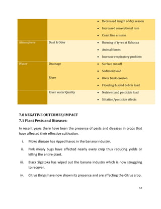 57
 Decreased length of dry season
 Increased convectional rain
 Coast line erosion
Atmosphere Dust & Odor  Burning of tyres at Rabacca
 Animal fumes
 Increase respiratory problem
Water Drainage
River
 Surface run off
 Sediment load
 River bank erosion
 Flooding & solid debris load
River water Quality  Nutrient and pesticide load
 Siltation/pesticide effects
7.0 NEGATIVE OUTCOMES/IMPACT
7.1 Plant Pests and Diseases:
In recent years there have been the presence of pests and diseases in crops that
have affected their effective cultivation.
i. Moko disease has ripped havoc in the banana industry.
ii. Pink mealy bugs have affected nearly every crop thus reducing yields or
killing the entire plant.
iii. Black Sigatoka has wiped out the banana industry which is now struggling
to recover.
iv. Citrus thrips have now shown its presence and are affecting the Citrus crop.
 