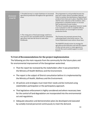 63
9.2 List of Recommendations for the project implementation
The following are the main requests from the community for the future plans and
for environmental improvement of the Georgetown watershed.
 That the report be reviewed by the stakeholders after it was presented to
the Ministry of Health Wellness and the Environment.
 The report is the subject of District consultation before it is implemented by
the Ministry of Health, Wellness and the Environment.
 All policies and strategies must meet their needs and be instituted using
stakeholders participation or the participatory approach.
 That legislative enforcement is highly considered and where necessary laws
for the control of land degradation are incorporated into the environmental
act and regulations.
 Adequate education and demonstration plans be developed and executed
by suitably trained personnel continuously to meet the demand.
Economic
(cont’d)
3. Praedial larceny is a major hindrance to increased
agricultural production throughout the agricultural
areas.
4. The rising price of food and energy could force
more persons into unsuitable lands for subsistence
agriculture and into the forest to seek other
livelihoods.
The programme to curb praedial larceny has
been put in place. Rural Constables (Special
Police to monitor the distribution of agricultural
produce) have been put in place. Hopefully, there
shall be some reduction of the incidence. and a
programme to stimulate farmers to increase
their productivity be put in place.
The Rural Constable programme however needs
to be evaluated in order to establish efficacy
before farmers are encouraged to increase
production levels.
.
The Forestry Act prevents persons from
cultivating lands in the forest reserve. The
Forest Department must enforce those laws.
The MARTFF should review its strategy for
agricultural diversification and seek the support
of other private sector or state agencies to
provide the much needed support to small
farmers.
 