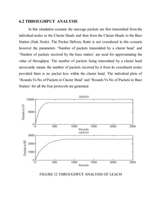 6.2 THROUGHPUT ANALYSIS
In this simulation scenario the message packets are first transmitted from the
individual nodes to the Cluster Heads and then from the Cluster Heads to the Base
Station (Sink Node). The Packet Delivery Ratio is not considered in this scenario
however the parameters ‘Number of packets transmitted by a cluster head’ and
‘Number of packets received by the base station’ are used for approximating the
value of throughput. The number of packets being transmitted by a cluster head
necessarily means the number of packets received by it from its constituent nodes
provided there is no packet loss within the cluster head. The individual plots of
‘Rounds Vs No of Packets to Cluster Head’ and ‘Rounds Vs No of Packets to Base
Station’ for all the four protocols are generated.
FIGURE 12 THROUGHPUT ANALYSIS OF LEACH
 