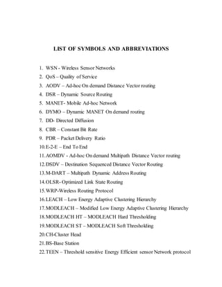 LIST OF SYMBOLS AND ABBREVIATIONS
1. WSN - Wireless Sensor Networks
2. QoS – Quality of Service
3. AODV – Ad-hoc On demand Distance Vector routing
4. DSR – Dynamic Source Routing
5. MANET- Mobile Ad-hoc Network
6. DYMO – Dynamic MANET On demand routing
7. DD- Directed Diffusion
8. CBR – Constant Bit Rate
9. PDR – Packet Delivery Ratio
10.E-2-E – End To End
11.AOMDV - Ad-hoc On demand Multipath Distance Vector routing
12.DSDV – Destination Sequenced Distance Vector Routing
13.M-DART – Multipath Dynamic Address Routing
14.OLSR- Optimized Link State Routing
15.WRP-Wireless Routing Protocol
16.LEACH – Low Energy Adaptive Clustering Hierarchy
17.MODLEACH – Modified Low Energy Adaptive Clustering Hierarchy
18.MODLEACH HT – MODLEACH Hard Thresholding
19.MODLEACH ST – MODLEACH Soft Thresholding
20.CH-Cluster Head
21.BS-Base Station
22.TEEN – Threshold sensitive Energy Efficient sensor Network protocol
 