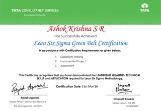 This Certificate recognizes that you have demonstrated the LEADERSHIP QUALITIES, TECHNICAL
SKILLS and APPLICATION required for Lean Six Sigma Methodology.
Certification Date:
Lean Six Sigma Green Belt Certification
Has Successfully Achieved
In accordance with Certification Requirements as given below:
1. Classroom Training
2. Improvement Project
3. Assessment
Ashok Krishna S R
31st Mar'16
343323/19207
Rajesh Agarwal
Global Head – Delivery Excellence &
Risk Management – TCS BPS
Dinanath Kholkar
Global Head – TCS BPS
 