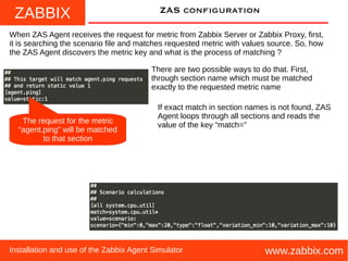 ZABBIX
www.zabbix.comInstallation and use of the Zabbix Agent Simulator
ZAS configuration
When ZAS Agent receives the request for metric from Zabbix Server or Zabbix Proxy, first,
it is searching the scenario file and matches requested metric with values source. So, how
the ZAS Agent discovers the metric key and what is the process of matching ?
There are two possible ways to do that. First,
through section name which must be matched
exactly to the requested metric name
The request for the metric
“agent.ping” will be matched
to that section
If exact match in section names is not found, ZAS
Agent loops through all sections and reads the
value of the key “match=”
 