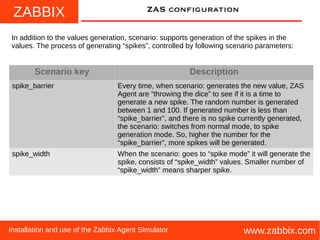 ZABBIX
www.zabbix.comInstallation and use of the Zabbix Agent Simulator
ZAS configuration
In addition to the values generation, scenario: supports generation of the spikes in the
values. The process of generating “spikes”, controlled by following scenario parameters:
Scenario key Description
spike_barrier Every time, when scenario: generates the new value, ZAS
Agent are “throwing the dice” to see if it is a time to
generate a new spike. The random number is generated
between 1 and 100. If generated number is less than
“spike_barrier”, and there is no spike currently generated,
the scenario: switches from normal mode, to spike
generation mode. So, higher the number for the
“spike_barrier”, more spikes will be generated.
spike_width When the scenario: goes to “spike mode” it will generate the
spike, consists of “spike_width” values. Smaller number of
“spike_width” means sharper spike.
 