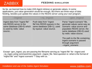 ZABBIX
www.zabbix.comInstallation and use of the Zabbix Agent Simulator
FEEDING simulator
So far, we learned how to make ZAS Agent retrieve or generate values. In some
applications, just value generation would be enough. But there are three ways of data
feeding, besides just update the values in the REDIS server using your own program.
--ingest --rq_ingest --gen_ingest
Ingest data from “ingest file”
into REDIS server to the
same database (DB=0) which
is used by redis: value
source..
Push data from “ingest
file”into REDIS queues in the
same database (DB=1), used
by rqueue: value source.
Parse “ingest scenario” file,
generate values same way as
scenario: value source and
populates REDIS server, the
same database (DB=0) used
by redis: value source.
The path to the file containing
ingest scenario is passed
through argument
--ingest_scenario
Except –gen_ingest, you are passing the filename serving as “ingest file” for –ingest and
–rq_inges using command-line argument –ingest_file. Next question is: what is the format of
“ingest file” and “ingest scenario” ? Stay with us.
 