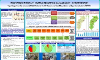 www.postersession.com
INNOVATION IN HEALTH HUMAN RESOURSE MANAGEMENT - CHHATTISGARH
Tripartite partnership between UNICEF, National Health Mission and EKAM Foundation for Operationalization of SNCUs
57 54 51 48 47 46
39 38 37 34 31 31
36 33
26 25 25 24
0
15
30
45
60
2008 2009 2010 2011 2012 2013
Infant Mortality Trend - CG
IMR NMR E-NMR
Introduction
5 out of 13 SNCU and 10 out of 46 NBSU were
operational in the state
Lack of specialists and Staff Nurses.
Not willing to join in the difficult areas (where
the need is maximum)
Delay in procurement of equipment.
No establish mechanism for maintenance of the
installed equipment.
Problem Statement
Materials & Methods
•Inventory / Equipment Audit (Baseline)
•Baseline Report and Recommendations
•Repair and improve the uptime.
Equipment
Maintenance
•Recruitment of Staff
•Training and capacity building
•Improved quality performance
SNCU HR
(Staff Nurse)
•Training for the newly appointed staff
•Continuous skill building through
Supportive supervision
Staff
Training and
Quality of
Care
Results
Conclusions
Acknowledgements
Equipment
to perform
in Optimum
conditions
Adequate
Staff to
handle
patients
HUMAN
RESOURCE
Need
for staff
Sourcing
of Nurses
Selection Recruit Monitor Train Retain Payroll
EQUIPMENT
Survey on
Equip
conditions
Equipment
Audit
Repair &
Maintenanc
e
Periodic
checks
Handle
emergency
problems
Improved
quality
performanc
es
Integrated application model – UNICEF, NHM and EKAM Partnership
SNCU
SN
Placed
SNCU
SN
Placed
Ambikapur DH 11 Koriya DH 11
Bilaspur DH 11 Mahasamund DH 11
Dhamtari DH 11 Raigarh DH 11
Durg DH 11 Raipur MC 11
Jagdalpur MC 11 Raipur DH 11
Kawardha DH 11 Rajnandgaon DH 11
Korba DH 11 Grand total 143
SNCU BED REQUIRMENT
Average number of live births (Public
Health Inst.) in last 2 years 2012-14 (A)
450000
No. of live births requiring special care
B = (15% x A)
67500
No. of bed days required (assuming an
average stay of 7 days) C = (B x 7)
472500
No. of special care beds required D =
C/365
1295
Available beds in the SNCU - 2013
SNCU Beds
Raipur MC SNCU 20
Durg DH SNCU 18
Raigarh DH SNCU 12
Rajnandgaon DH SNCU 12
Dhamtari DH SNCU 12
TOTAL BEDS 74
Total 13 SNCUs were approved but only 5 were
operational till 2014.
HR Gaps – 70% gaps in Staff Nurses and 80% in
Pediatrician.
Chhattisgarh is home to 6
lakhs infants. Of every ten
infant deaths, five happens
to be during 1st week of
life SRS (2013).
These deaths are preventable.
Saving neonatal lives in the first week requires
improved coverage and quality care at facilities.
Adopted strategies are:
Skilled care in labor and delivery
Essential Newborn Care
Special care of LBW and sick neonates
The present initiative, a partnership between
Government, UNICEF and EKAM Foundation aimed
to implement a facility based newborn care initiative
through operationalization of all 13 SNCUs in the
state and ensuring quality of care for sick infants
during the early days of life.
Directorate of Health Services and NHM
EKAM Foundation
UNICEF Raipur Office
UNICEF entered into a tripartite agreement between NHM and
EKAM Foundation (Chennai) for operationalization and
strengthening of SNCUs in the State.
Under the agreement NHM requested and funded EKAM
Foundation for outsourcing the HR of SNCUs . The agreement
administration cost and salary of the SNCU human resource were
approved and payed by NHM PIP 2014-15.
Objective of the Partnership
 Provide quality care to neonates admitted within SNCUs in
Chhattisgarh by filling the gaps in human resources
 Improve the quality, maintenance of SNCU equipment and
monitoring of their functioning.
Progress of the Partnership – SNCU Operationalization
Equipment Status – Oct 2014 Staff Nurses Engaged through EKAMEquipment Status – June 2015
Reinforcement of service delivery and innovations in health
human resources is a key to bring changes in facility based care
for ensuring maternal and new-born health. Presence of expertise
in specialized field like health human resource management
always given an edge and comparative advantage increases the
quality of care.
This partnership is one of the successful mechanisms for
operationalization of SNCU.
To reduce the shortfall state has already initiated the recruitment
of Staff Nurses and Medical Officers through HR agency and they
have been posted in the tribal and LWE affected districts of the
state with differential salary package considering the difficulty of
the location and non-availability of the staff. Through different
agency total 290 staff nurses are recruited and positioned at
District Hospitals and CHCs of 10 districts.
With this partnership total thirteen (13) SNCU made operational in
the state and thus ensuring facility based new-born care in these
districts. Moreover these units are also serving as referral units for
the adjacent district for sick new-born.
New-born Admission in the SNCUs
2014 2015
695 632 620
1285
1400 1371
1231
1430 1460 1387 1410
0
300
600
900
1200
1500
Oct-14 Nov-14 Dec-14 Jan-15 Feb-15 Mar-15 Apr-15 May-15 Jun-15 Jul-15 Aug-15
Working
50%
Not
Working
37%
Not
Installed
13%
Working
92%
Not
Working
8%
Not
Installed
0%
 