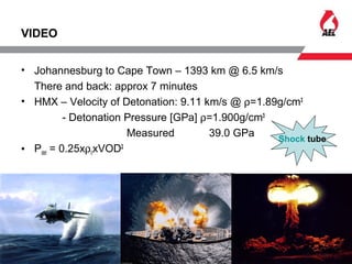 VIDEO
• Johannesburg to Cape Town – 1393 km @ 6.5 km/s
There and back: approx 7 minutes
• HMX – Velocity of Detonation: 9.11 km/s @ ρ=1.89g/cm3
- Detonation Pressure [GPa] ρ=1.900g/cm3
Measured 39.0 GPa
• Pdet = 0.25xρ0xVOD2
Shock tube
 