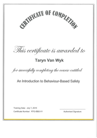 Certificate of Completion - Behaviour-Based Safety