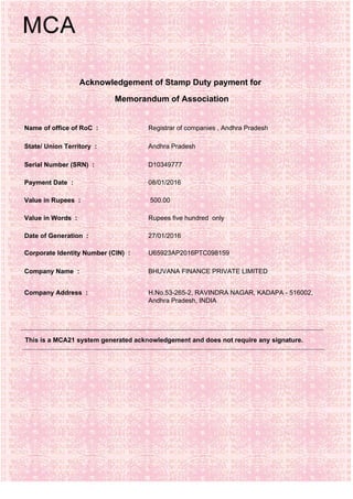 Acknowledgement of Stamp Duty payment for
Value in Rupees :
Name of office of RoC :
State/ Union Territory :
Serial Number (SRN) :
Payment Date :
Value in Words :
Date of Generation :
Corporate Identity Number (CIN) :
Company Name :
Company Address :
Registrar of companies , Andhra Pradesh
Andhra Pradesh
D10349777
08/01/2016
500.00
U65923AP2016PTC098159
BHUVANA FINANCE PRIVATE LIMITED
H.No.53-265-2, RAVINDRA NAGAR, KADAPA - 516002,
Andhra Pradesh, INDIA
Rupees five hundred only
27/01/2016
Memorandum of Association
This is a MCA21 system generated acknowledgement and does not require any signature.
 