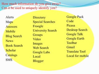How much information do you give away?
Can it be used to uniquely identify you?
Alerts
Maps
Answers
Mobile
Blog Search
News
Book Search
Scholar
Catalogs
SMS
Directory
Special Searches
Froogle
University Search
Groups
Video
Images
Web Search
Google Labs
Local
Blogger
Google Pack
Code
Picasa
Desktop Search
Google Talk
Google Earth
Toolbar
Gmail
Translate Tool
Local for mobile