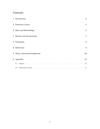 Contents
1 Introduction 3
2 Literature review 4
3 Data and Methodology 5
4 Results and interpretation 7
5 Conclusion 8
6 References 9
7 Notes: theoretical background 10
8 Appendix 12
8.1 Figures . . . . . . . . . . . . . . . . . . . . . . . . . . . . . . . . . . . . . . . . . . . . . . 12
8.2 Estimation results . . . . . . . . . . . . . . . . . . . . . . . . . . . . . . . . . . . . . . . . 14
2
 