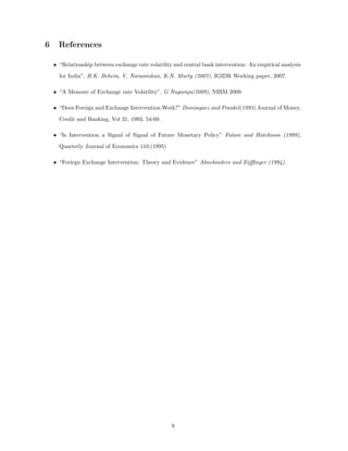 6 References
• “Relationship between exchange rate volatility and central bank intervention: An empirical analysis
for India”, H.K. Behera, V. Narasimhan, K.N. Murty (2007), IGIDR Working paper, 2007.
• “A Measure of Exchange rate Volatility”, G Nagaraju(2009), NIBM 2009.
• “Does Foreign and Exchange Intervention Work?” Dominguez and Frankel(1993) Journal of Money,
Credit and Banking, Vol 31, 1993, 54-69.
• “Is Intervention a Signal of Signal of Future Monetary Policy” Fatum and Hutchison (1999),
Quarterly Journal of Economics 110,(1995)
• “Foriegn Exchange Intervention: Theory and Evidence” Almekinders and Eijﬃnger (1994).
9
 