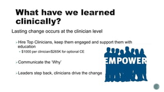 Lasting change occurs at the clinician level
Hire Top Clinicians, keep them engaged and support them with
education
 $1000 per clinician/$265K for optional CE
Communicate the ‘Why’
Leaders step back, clinicians drive the change
 
