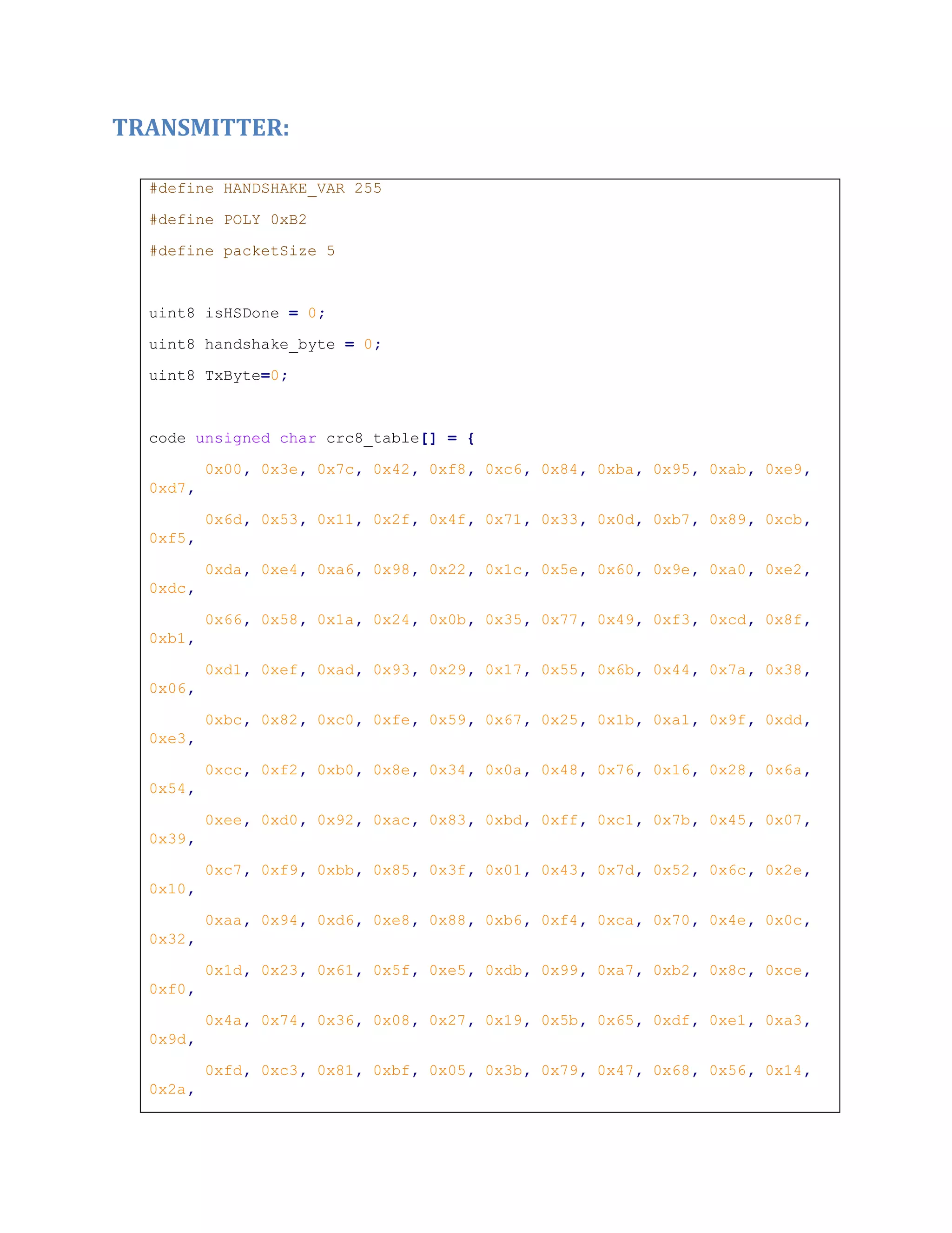 TRANSMITTER:
#define HANDSHAKE_VAR 255
#define POLY 0xB2
#define packetSize 5
uint8 isHSDone = 0;
uint8 handshake_byte = 0;
uint8 TxByte=0;
code unsigned char crc8_table[] = {
0x00, 0x3e, 0x7c, 0x42, 0xf8, 0xc6, 0x84, 0xba, 0x95, 0xab, 0xe9,
0xd7,
0x6d, 0x53, 0x11, 0x2f, 0x4f, 0x71, 0x33, 0x0d, 0xb7, 0x89, 0xcb,
0xf5,
0xda, 0xe4, 0xa6, 0x98, 0x22, 0x1c, 0x5e, 0x60, 0x9e, 0xa0, 0xe2,
0xdc,
0x66, 0x58, 0x1a, 0x24, 0x0b, 0x35, 0x77, 0x49, 0xf3, 0xcd, 0x8f,
0xb1,
0xd1, 0xef, 0xad, 0x93, 0x29, 0x17, 0x55, 0x6b, 0x44, 0x7a, 0x38,
0x06,
0xbc, 0x82, 0xc0, 0xfe, 0x59, 0x67, 0x25, 0x1b, 0xa1, 0x9f, 0xdd,
0xe3,
0xcc, 0xf2, 0xb0, 0x8e, 0x34, 0x0a, 0x48, 0x76, 0x16, 0x28, 0x6a,
0x54,
0xee, 0xd0, 0x92, 0xac, 0x83, 0xbd, 0xff, 0xc1, 0x7b, 0x45, 0x07,
0x39,
0xc7, 0xf9, 0xbb, 0x85, 0x3f, 0x01, 0x43, 0x7d, 0x52, 0x6c, 0x2e,
0x10,
0xaa, 0x94, 0xd6, 0xe8, 0x88, 0xb6, 0xf4, 0xca, 0x70, 0x4e, 0x0c,
0x32,
0x1d, 0x23, 0x61, 0x5f, 0xe5, 0xdb, 0x99, 0xa7, 0xb2, 0x8c, 0xce,
0xf0,
0x4a, 0x74, 0x36, 0x08, 0x27, 0x19, 0x5b, 0x65, 0xdf, 0xe1, 0xa3,
0x9d,
0xfd, 0xc3, 0x81, 0xbf, 0x05, 0x3b, 0x79, 0x47, 0x68, 0x56, 0x14,
0x2a,
 