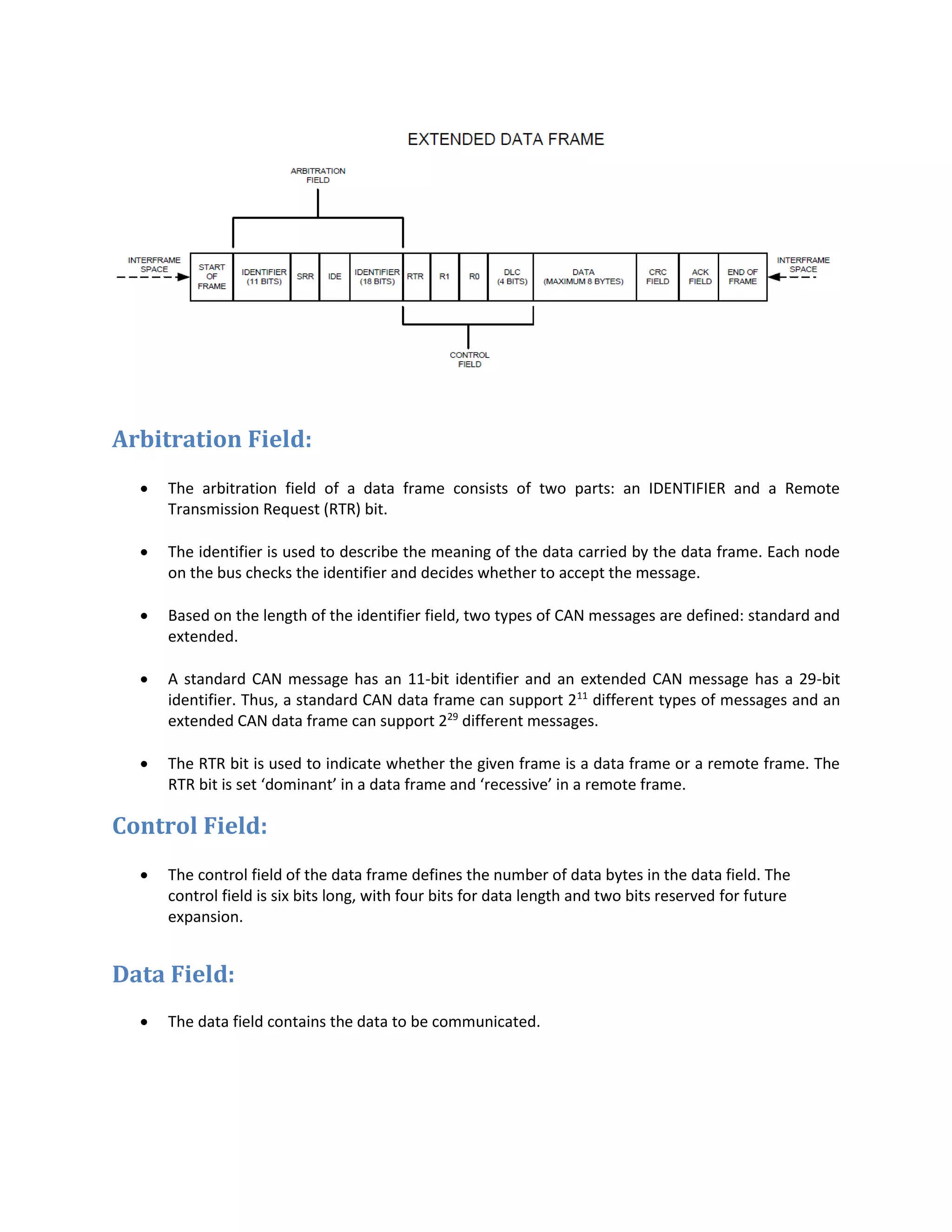 Arbitration Field:
 The arbitration field of a data frame consists of two parts: an IDENTIFIER and a Remote
Transmission Request (RTR) bit.
 The identifier is used to describe the meaning of the data carried by the data frame. Each node
on the bus checks the identifier and decides whether to accept the message.
 Based on the length of the identifier field, two types of CAN messages are defined: standard and
extended.
 A standard CAN message has an 11-bit identifier and an extended CAN message has a 29-bit
identifier. Thus, a standard CAN data frame can support 211
different types of messages and an
extended CAN data frame can support 229
different messages.
 The RTR bit is used to indicate whether the given frame is a data frame or a remote frame. The
RTR bit is set ‘dominant’ in a data frame and ‘recessive’ in a remote frame.
Control Field:
 The control field of the data frame defines the number of data bytes in the data field. The
control field is six bits long, with four bits for data length and two bits reserved for future
expansion.
Data Field:
 The data field contains the data to be communicated.
 