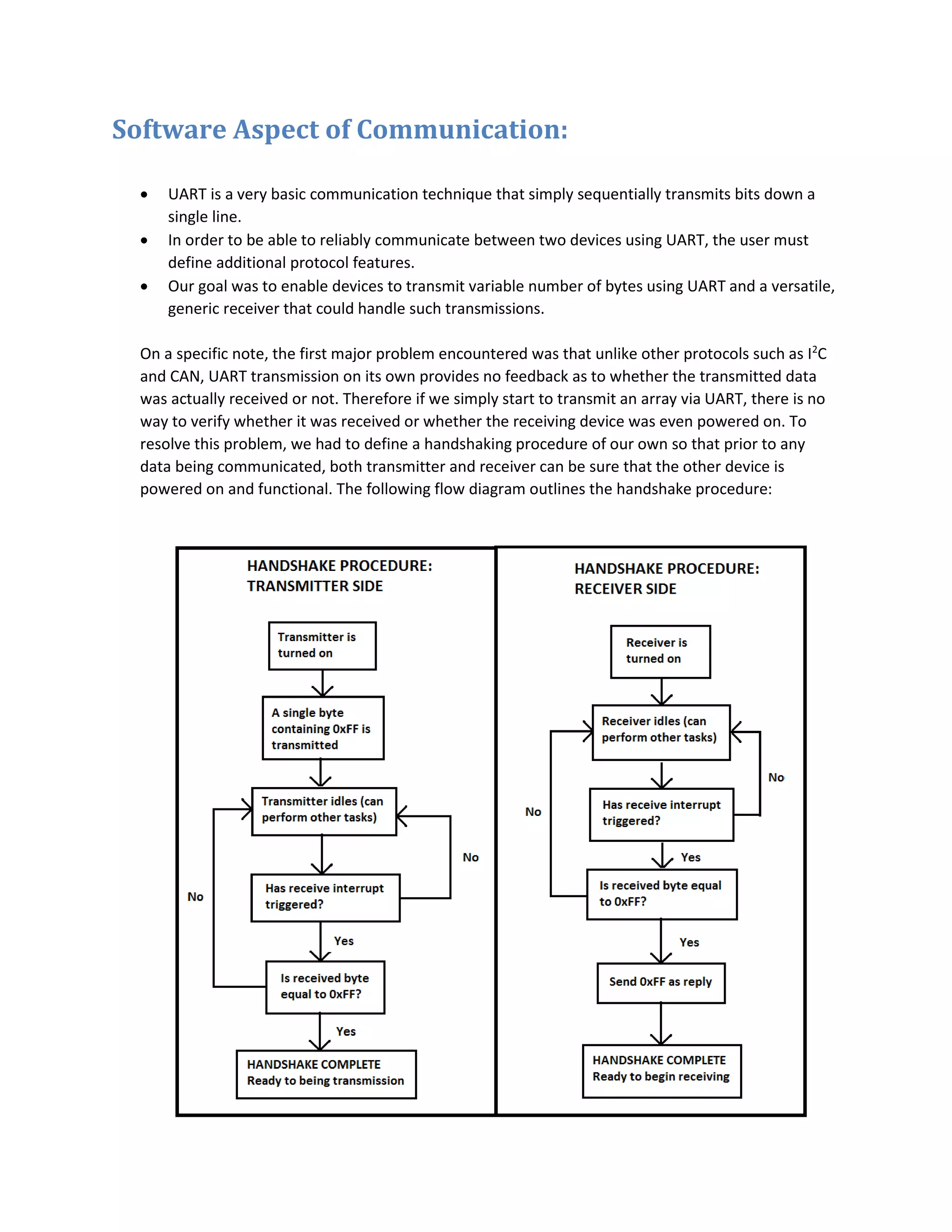 Software Aspect of Communication:
 UART is a very basic communication technique that simply sequentially transmits bits down a
single line.
 In order to be able to reliably communicate between two devices using UART, the user must
define additional protocol features.
 Our goal was to enable devices to transmit variable number of bytes using UART and a versatile,
generic receiver that could handle such transmissions.
On a specific note, the first major problem encountered was that unlike other protocols such as I2
C
and CAN, UART transmission on its own provides no feedback as to whether the transmitted data
was actually received or not. Therefore if we simply start to transmit an array via UART, there is no
way to verify whether it was received or whether the receiving device was even powered on. To
resolve this problem, we had to define a handshaking procedure of our own so that prior to any
data being communicated, both transmitter and receiver can be sure that the other device is
powered on and functional. The following flow diagram outlines the handshake procedure:
 