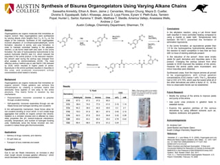Abstract
Organogelators are organic molecules that immobilize an
organic solvent. New organogelators were synthesized
by varying alkane chain lengths from C10 to C22 on the
edges of the molecule. Synthesis of the organogelator
involved alkylation of 3,4-dihydroxybenzaldehyde, oxime
formation, reduction to amine, and urea formation. In
order to maintain controlled heating in the alkylation
reaction, a Lab Armor bead bath was used. In the oxime
formation, the ratio of hydroxylamine hydrochloride to the
sodium hydroxide (NaOH) was 3:2, which reduced the
impurities in the oxime product. In the reduction reaction,
the solvent used during the workup was changed from
ethyl acetate to dichloromethane (DCM). The most
effective workup method was to add NaOH (1M) followed
by DCM, which resulted in higher yields of amine.
Byproducts in the amine synthesis resulted in impurities in
the urea, and produced inconsistent critical
concentrations when tested in toluene.
Background
Organogelators are organic molecules that immobilize an
organic solvent. These gelators can achieve this
immobilization by creating a complex matrix that
distributes force applied in one area to the entire
structure. This matrix forms in solution by two
mechanisms:
•  Polymerization: monomer converted to polymer
through covalent bonding
•  Self-assembly: monomer assembles through van der
Waals forces and hydrogen bonding (non-covalent)
In the self-assembly mechanism, these forces allow for
non-covalent bonding to occur which, in turn create large
aggregates that solidify an organic solvent like toluene.
Gelation is a complex process and is affected by many
other properties like pH, solvent-molecule interactions,
solubility, temperature, and number of hydrogen bonding
units. Additionally since the forces involved are non-
covalent it makes these gels thermoreversibile.
Applications
•  Delivery of drugs, nutrients, and vitamins
•  Oil spill clean up
•  Transport of toxic materials and waste
Hypothesis
Due to van der Waals interactions, an increase in alkyl
chain length should increase gelation efficiency1, which
would decrease the critical concentration.
Synthesis of Bisurea Organogelators Using Varying Alkane Chains
References
1Abdallah, D. J. and Weiss, R. G. (2000), Organogels and Low
Molecular Mass Organic Gelators. Adv. Mater., 12: 1237–1247.
doi: 10.1002/1521-4095(200009)12:17<1237::AID-
ADMA1237>3.0.CO;2-B
2Mehri Kouhkan and Behzad Zeynizadeh, “A New and
Convenient Method for Reduction of Oximes to Amines with
NaBH3CN in the Presence of MoCl5/NaHSO4.times.H2O
System,” Bull. Korean Chem. Soc. 2011.
3Carr, A. J. Thermoreversible Organogelator Research. U.S.
Patent 7332529B2, February 19, 2008.
Saswatha Anireddy, Ethan A. Brem, Jaime J. Cervantes, Woojun Chung, Mayra D. Cuellar,
Divisha S. Eppalapalli, Safa I. Khawaja, Jesus D. Loya Flores, Eyram V. Pleth-Suka, Tamiem
Popal, Hunter L. Sartor, Karisma Y. Sheth, Matthew T. Steidle, America Vallejo, Anastasia Wells,
Andrew J. Carr
Austin College, Chemistry Department, Sherman, TX
Results
Conclusions
In the alkylation reaction, using a Lab Armor bead
bath resulted in more controlled heating compared to
using a mantle or water bath. Temperatures held
between 80-100˚C prevented the formation of
elimination byproducts.
In the oxime formation, an equivalence greater than
1.5 for the hydroxylamine hydrochloride allowed for
the reaction to reach completion in less than an hour
with no trace of starting aldehyde present.
In the reduction of the amine2, there were erratic
yields for each derivative and impurities were in the
product. Changing the workup solvent from ethyl
acetate to DCM improved the isolation of the amine.
However the amine yields were inconsistent, and
minor impurities were detected.
Synthesized ureas, from the impure amines all proved
to be organogelators, with critical gelation
concentrations (CGC) below 1 wt%. The C12 derivative
had a CGC of 0.15%, which was the lowest while all of
the other derivatives are within a factor of ~5. At this
time no observable trends can be established.
Future Research
•  Modify the workup of the amine to improve yields
and purity of the amine
•  Use purer urea products in gelation tests to
establish trends
•  Explore the gelation abilities of the various
derivatives by using different solvents such as,
heptane, dodecane, and gasoline.
Acknowledgements
Dr. Andrew Carr
Janet Boston and Karen Glenn
Austin College Chemistry Department
Derivative
% Yield
CGC
Aldehyde Oxime Amine Urea wt% mM
C10 67.0 47.0 47.0 60.0
C12 89.0 74.0 77.0 61.0 0.15 1.14
C14 94.2 38.0 40.0 29.5 0.3 2.7
C16 79.0 91.9 90.1 87.9 0.45 3.10
C18 92.0 97.6 93.0 94.8 0.32 2.28
C20 69.6 93.3 90.0 25.0 0.76 0.42
C22 86.4 98.0 87.6 81.2 0.24
Table 1. Mass percent yields for the isolated
products from the different reactions. Critical
gelation concentrations (CGC) are reported
in wt% and millimolar.
 