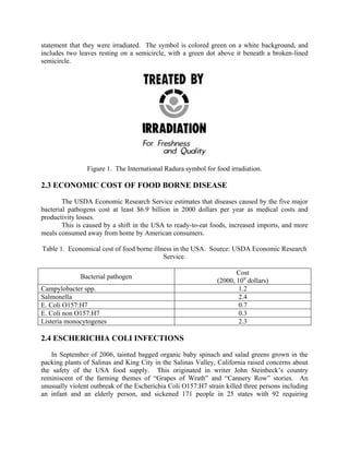 statement that they were irradiated. The symbol is colored green on a white background, and
includes two leaves resting on a semicircle, with a green dot above it beneath a broken-lined
semicircle.
Figure 1. The International Radura symbol for food irradiation.
2.3 ECONOMIC COST OF FOOD BORNE DISEASE
The USDA Economic Research Service estimates that diseases caused by the five major
bacterial pathogens cost at least $6.9 billion in 2000 dollars per year as medical costs and
productivity losses.
This is caused by a shift in the USA to ready-to-eat foods, increased imports, and more
meals consumed away from home by American consumers.
Table 1. Economical cost of food borne illness in the USA. Source: USDA Economic Research
Service.
Bacterial pathogen
Cost
(2000, 109
dollars)
Campylobacter spp. 1.2
Salmonella 2.4
E. Coli O157:H7 0.7
E. Coli non O157:H7 0.3
Listeria monocytogenes 2.3
2.4 ESCHERICHIA COLI INFECTIONS
In September of 2006, tainted bagged organic baby spinach and salad greens grown in the
packing plants of Salinas and King City in the Salinas Valley, California raised concerns about
the safety of the USA food supply. This originated in writer John Steinbeck’s country
reminiscent of the farming themes of “Grapes of Wrath” and “Cannery Row” stories. An
unusually violent outbreak of the Escherichia Coli O157:H7 strain killed three persons including
an infant and an elderly person, and sickened 171 people in 25 states with 92 requiring
 